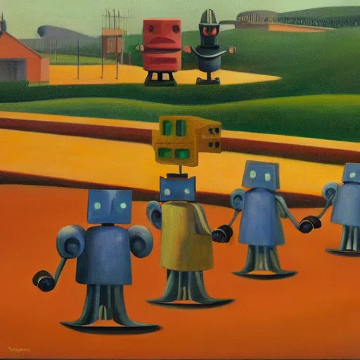 Prompt: infinite whack - a - mole with robots, grant wood, pj crook, edward hopper, oil on canvas