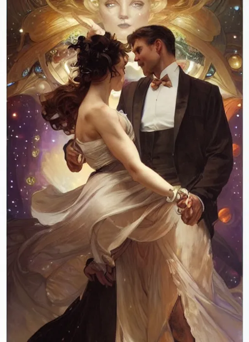 Prompt: an elegant couple, a man and a woman, dance together at a space themed ball. romantic. close up on highly detailed faces. painting by artgerm and greg rutkowski and alphonse mucha.