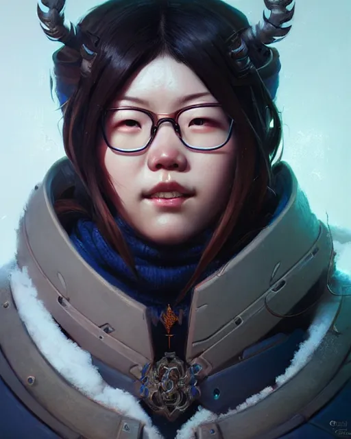 Image similar to mei from overwatch, character portrait, portrait, close up, concept art, intricate details, highly detailed by greg rutkowski, michael whelan and gustave dore