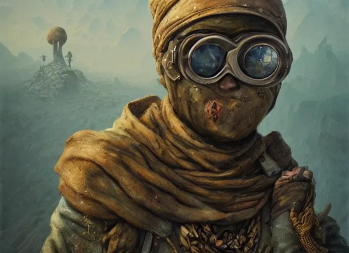 Prompt: a highly detailed forgotten garden gnome wearing goggles and head scarf surviving in a vast barren desert, hopeless wasteland background with a relentless raging sun overhead, hot, post - apocalyptic road warrior vibe, an ultrafine detailed painting by by karol bak and filip hodas, trending on deviantart, pop surrealism, whimsical, lowbrow, perfect symmetrical face, sharp focus, octane, masterpiece
