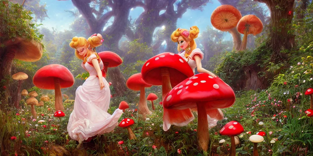 Image similar to princess peach roaming through a landscape, Mushroom Kingdom, Super Mario Theme, giant red and white spotted mushrooms, by Stanley Artgerm Lau , greg rutkowski, thomas kindkade, alphonse mucha, loish, norman Rockwell