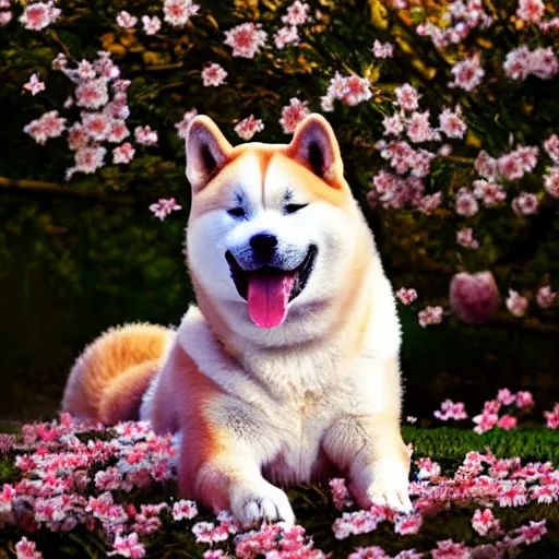 Prompt: An akita inu with a crown made of orange blossom flowers, in front of cherry blossom trees, digital art