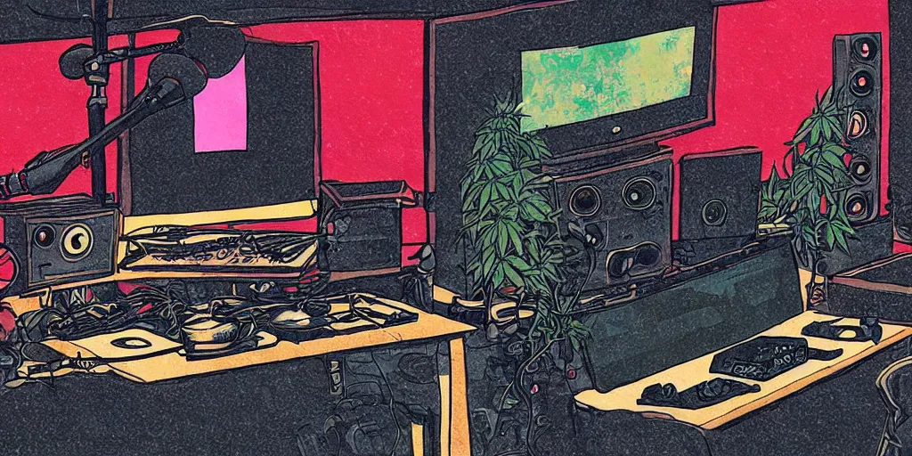 Image similar to 'black chicken'!!! smoking 'cannabis'!!!!!! in front of 'audio console'!!!! and 'multi monitors'!!!! 'in a hi-tech tv broadcasting studio'!!!!, artwork by James Gilleard