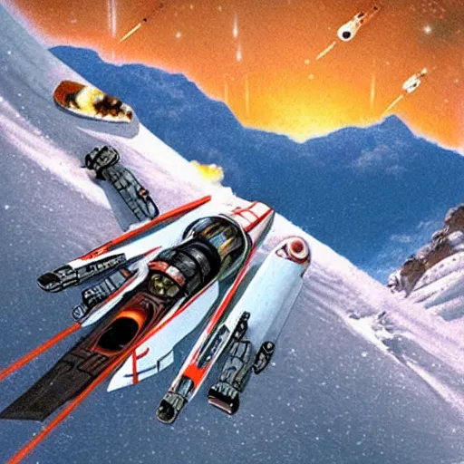 Image similar to star wars xwing pilot skiing down a mountain