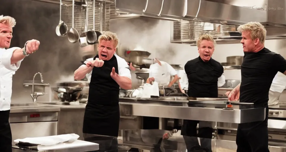 Image similar to photo of angry furious Gordon Ramsay fighting Gordon Ramsay at the kitchen