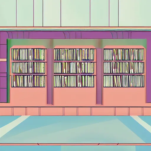 Prompt: art deco vaporwave illustration of a library interior front desk in pastel colors