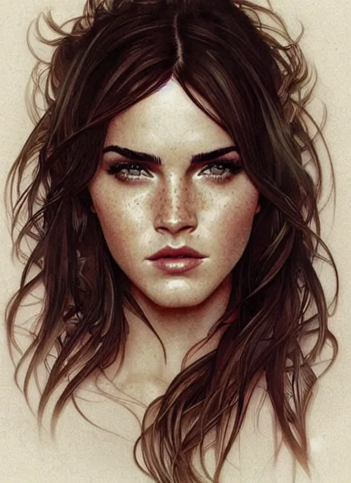 Image similar to megan fox kissing emma watson. beautiful detailed face. by artgerm and greg rutkowski and alphonse mucha