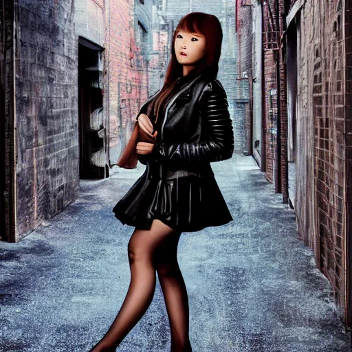 Prompt: perfect, realistic oil painting of japanese girl posing, in leather jacket, miniskirt, pantyhose and high heels, in sci-fi dystopian alleyway, by an American professional senior artist, Hollywood concept, dynamic composition and motion, postproduction.