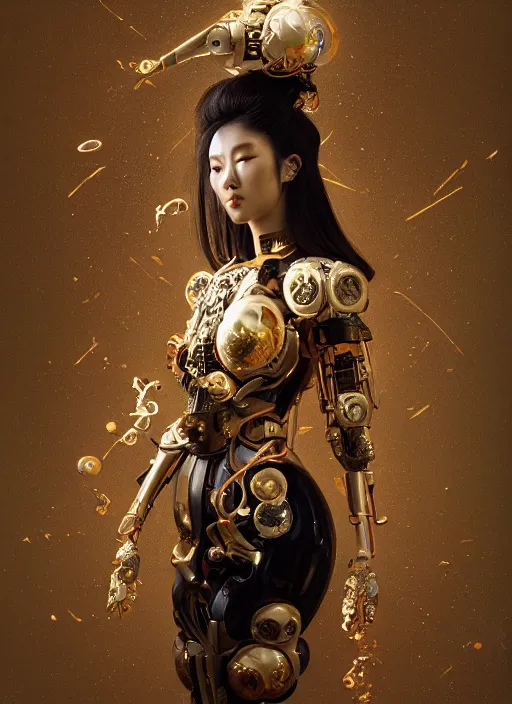 Image similar to portrait of a futuristic geisha cyborg, divine goddess, kintsugi, modern fine art, fractal, intricate, elegant, highly detailed, digital photography, subsurface scandering, by jheronimus bosch and greg rutkowski,