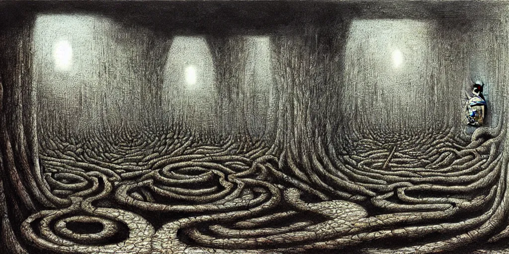 Image similar to underground labyrinth filled with dark water by Beksinski, Luis Royo