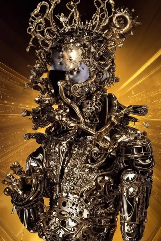 Image similar to baroque and cyberpunk style full-body sculpture of a young seductive Hispanic prince half android with a chest exposing a glowing ruby battery with porcelain arms posed like a model, glowing gold laser eyes, crown of white gears and sparkling diamonds, swirling white-colored silk fabric, robot dinosaurs. modern elements. reflective surfaces. intricate artwork by caravaggio. art by Artgerm and Alphonse Mucha, Trending on artstation, cinematic industrial lighting, photorealistic, octane render, 8k, depth of field, 3D
