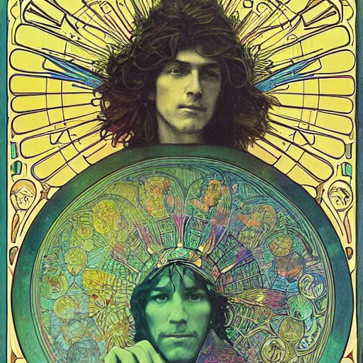 Image similar to “colorfull artwork by Franklin Booth and Alphonse Mucha and Moebius showing a portrait of Young Robert Plant”