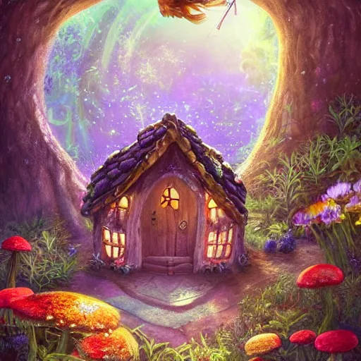 Image similar to a celestial dainty fairy cottage in a tree trunk decorated beautifully, lots of cute fairy design elements like toadstool mushrooms, warm sunlight shining in, lots of plants and flowers, concept art 8 k resolution, fantasy illustration, detailed painting, and deep color