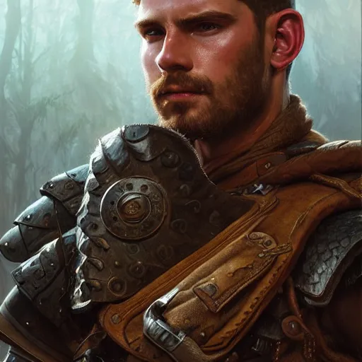 Image similar to portrait of a young rugged ranger, muscular, upper body, leather armor vest, D&D, fantasy, intricate, cinematic lighting, highly detailed, digital painting, artstation, concept art, smooth, sharp focus, illustration, art by Artgerm and Greg Rutkowski and Alphonse Mucha