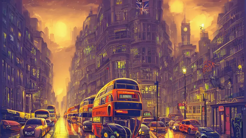 Image similar to street view of london city at night by cyril rolando and naomi okubo and dan mumford and zaha hadid. flying cars. advertisements. elegant lamps. double decker bus.