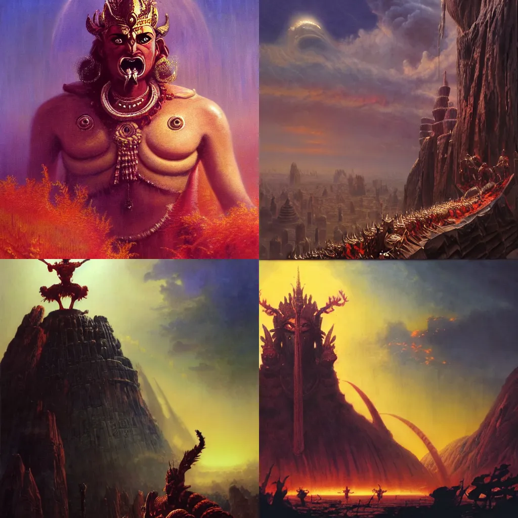 Prompt: Asura King Ravan in an epic dramatic scene from Ramayan , by Bruce Pennington, by Wayne Barlowe, by Greg Rutkowski, oil on canvas, masterpiece, detailed, dynamic, cinematic composition, beautiful lighting, view from ground, trending on artstation, top on pixiv, 8K, no frames,