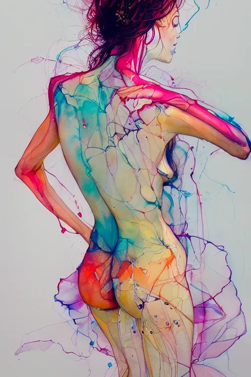 Image similar to sophia vergara by agnes cecile enki bilal moebius, intricated details, 3 / 4 back view, bendover posture, full body portrait, extremely luminous bright design, pastel colours, drips, autumn lights