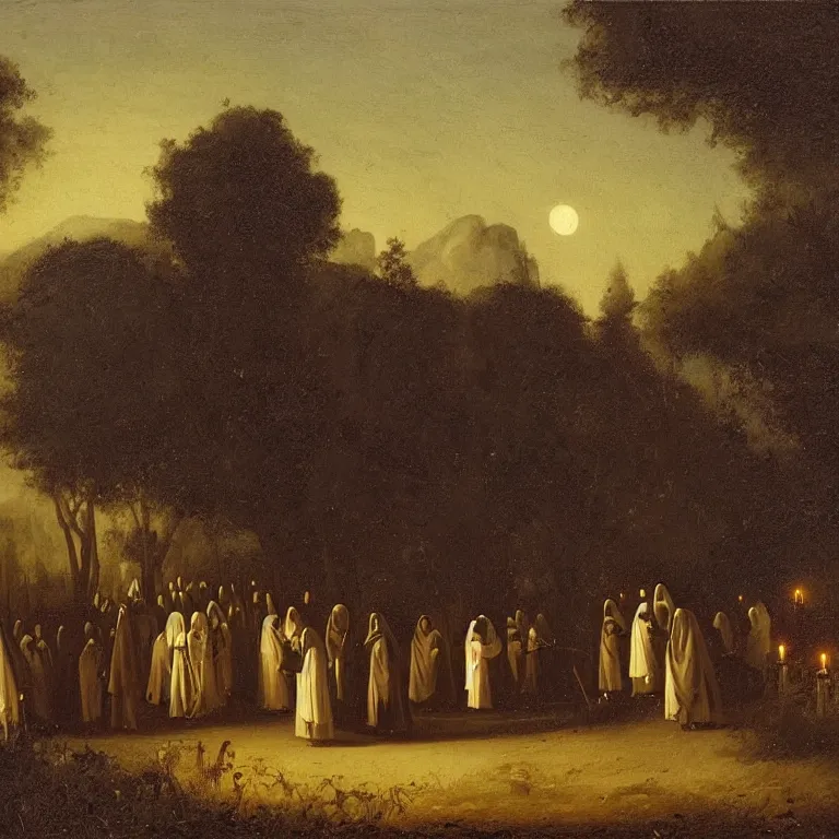 Prompt: A Holy Week procession of grim reapers in a lush Spanish landscape at night. A hooded figure at the front holds a cross. Petrus van Schendel.