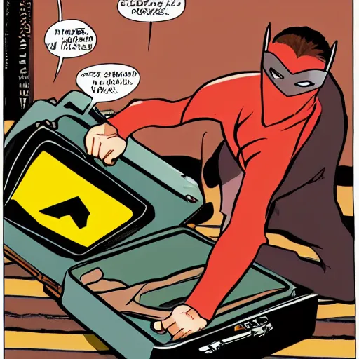 Prompt: brown suitcase containing domino superhero mask being opened by a ginger caucasian male in a brown suit, bruce timm artstyle, colorful, somber