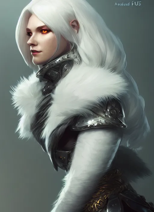 Image similar to fur - lined armor!!! beautiful and elegant white haired female!! gorgeous ayes!! character concept art, sharp focus, octane render! unreal engine 5! highly rendered!! trending on artstation!! detailed linework!! illustration by bussiere rutkowski andreas rocha