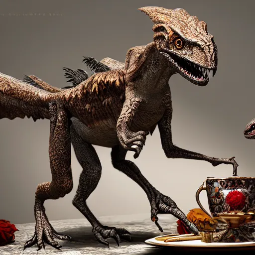 Prompt: velociraptors having a fancy tea party, photorealistic, high resolution, vray, hdr, hyper detailed, insane details, intricate, elite, ornate, elegant, luxury, dramatic lighting, octane render, weta digital, micro details, 3 d sculpture