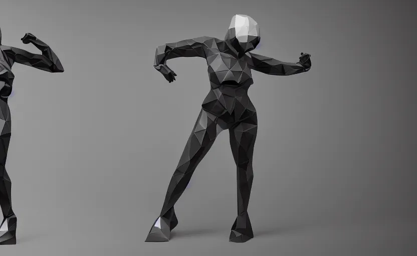 Prompt: female made out of low poly carbon, dual core, watercooled plates, crystallization, badass front profile shot, octane render, 4k, 33mm