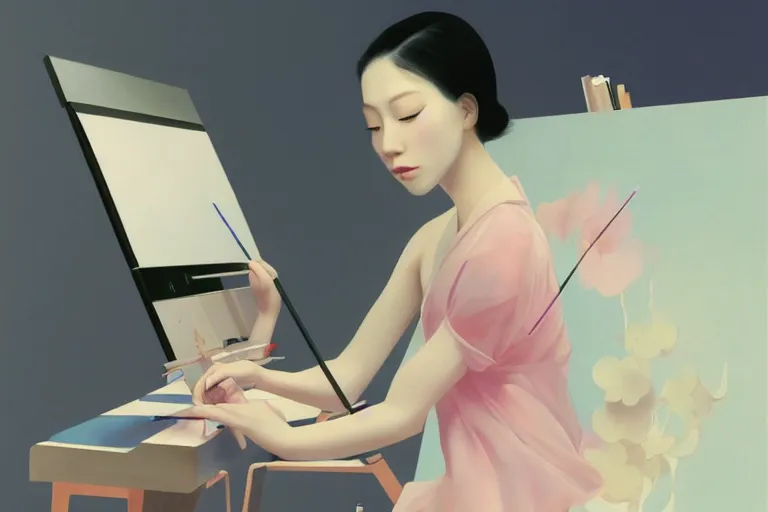 Prompt: beautiful illustration of a female artist painting an artwork on a computer screen by Hsiao-Ron Cheng, trending on art station