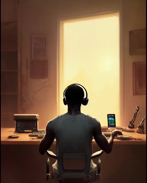 Image similar to light skin black man with headphones at his home studio producing music late at night, very detailed, 4 k, concept art like ernest khalimov, intricate details, highly detailed by greg rutkowski, ilya kuvshinov, gaston bussiere, craig mullins, simon bisley