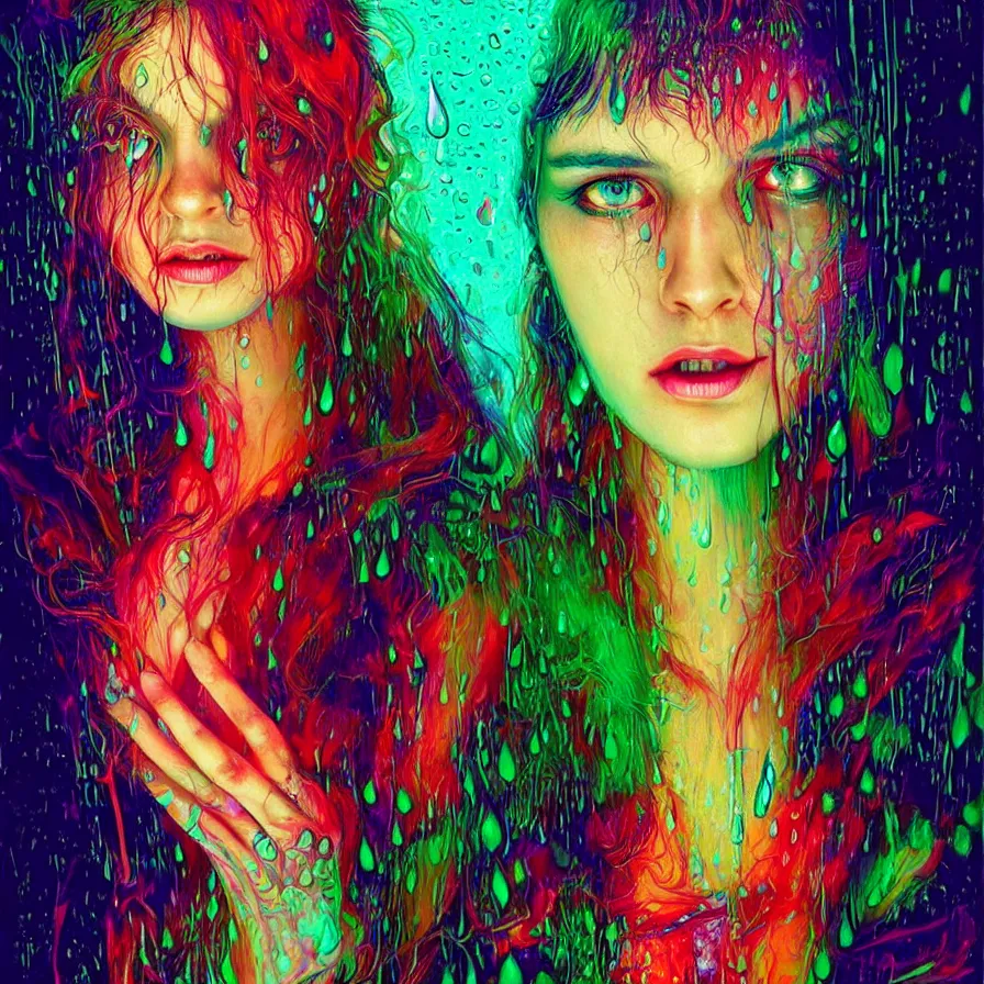 Image similar to bright asthetic portrait of LSD in rain with wet hair and face, liquid, fantasy, intricate, elegant, dramatic lighting, highly detailed, lifelike, photorealistic, digital painting, artstation, illustration, concept art, smooth, sharp focus, art by John Collier and Albert Aublet and Krenz Cushart and Artem Demura and Alphonse Mucha