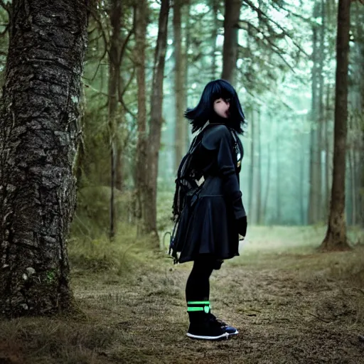 Image similar to young lady with green and black hair wearing black military style clothing backpack long sword glow misty forest rendered