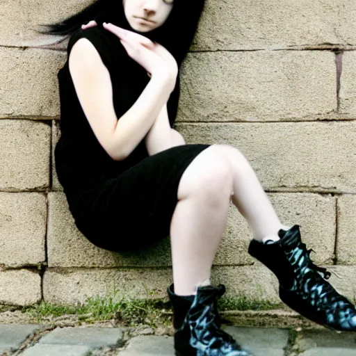 Image similar to a photograph of an emo goth girl sitting on a brick wall on a hot day, 2006, black hair, English, depth of field