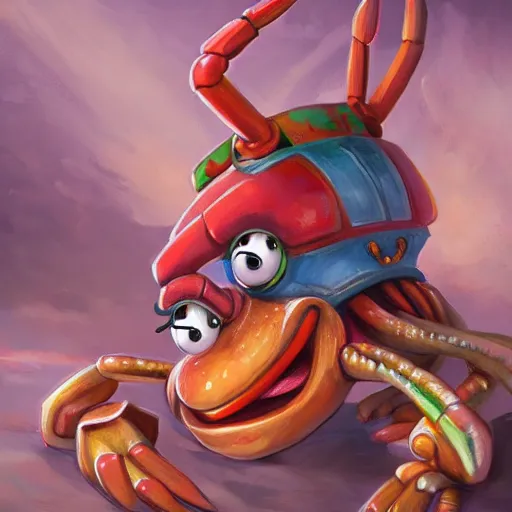 Image similar to portrait of mr krabs at the krusty krab, anthropomorphic crab, fantasy, art by chengwei pan, art by viktoria gavrilenko, detailed, intricate, trending on artstation