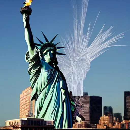 Prompt: an exploding Statue of Liberty in the style of NAOYA HATAKEYAMA, CAI GUO-QIANG, and LOS CARPINTEROS