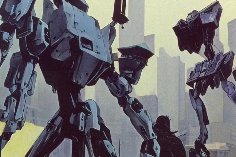 Prompt: 1 9 8 0 s anime screenshot of a sleek, slender, human - scale mecha suit defending the city streets, fighting a mutant monster, designed by hideaki anno, drawn by tsutomu nihei, and painted by zdzislaw beksinski