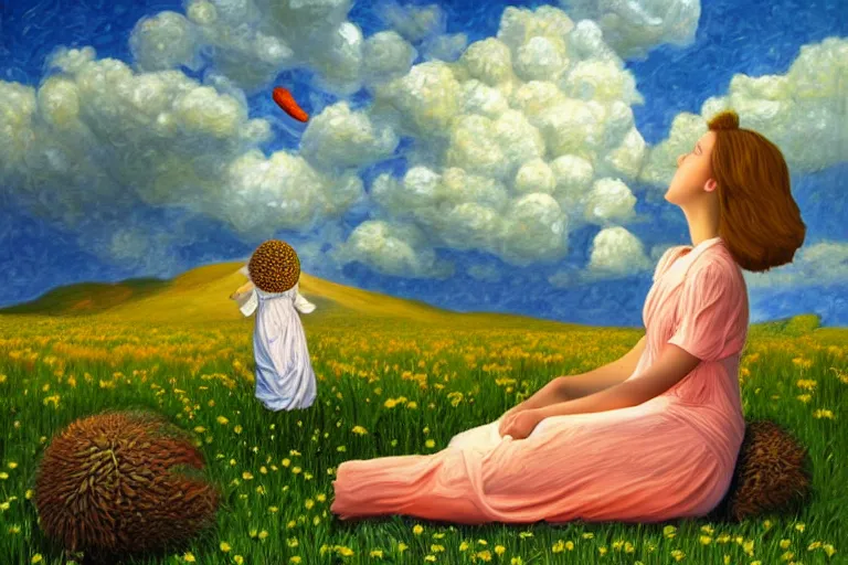 Image similar to giant daisy flower head, woman sitting, surreal, clouds in sky, impressionist painting, digital painting, artstation, rob gonsalves