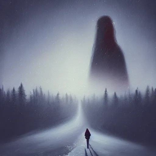 Prompt: a painting of a person standing in the snow, a surrealist painting by alena aenami, deviantart, nuclear art, dystopian art, apocalypse landscape, surrealist