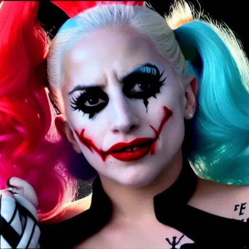 Image similar to Film still of Lady Gaga as Harley Quinn from Joker (2019)