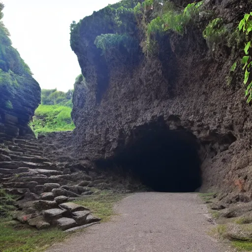 Prompt: wide shot of a cave, lit by tiki torches, an area stage in the middle, fit for gladiators, dark stone cobbles