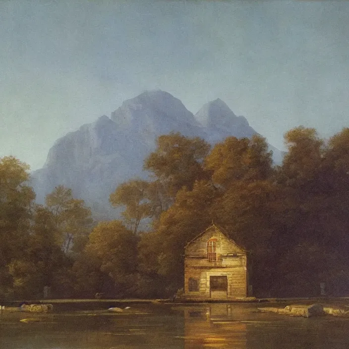 Image similar to a building in a serene landscape, romanticism art