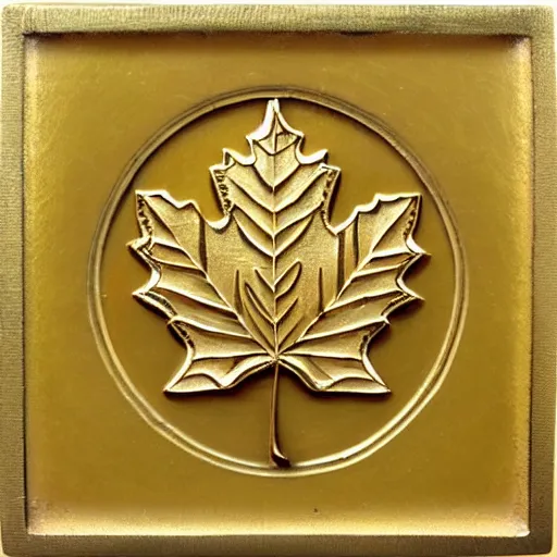 Prompt: ornate engraved carving of ( an art deco maple leaf in a flat circular inset ) on a square gold panel