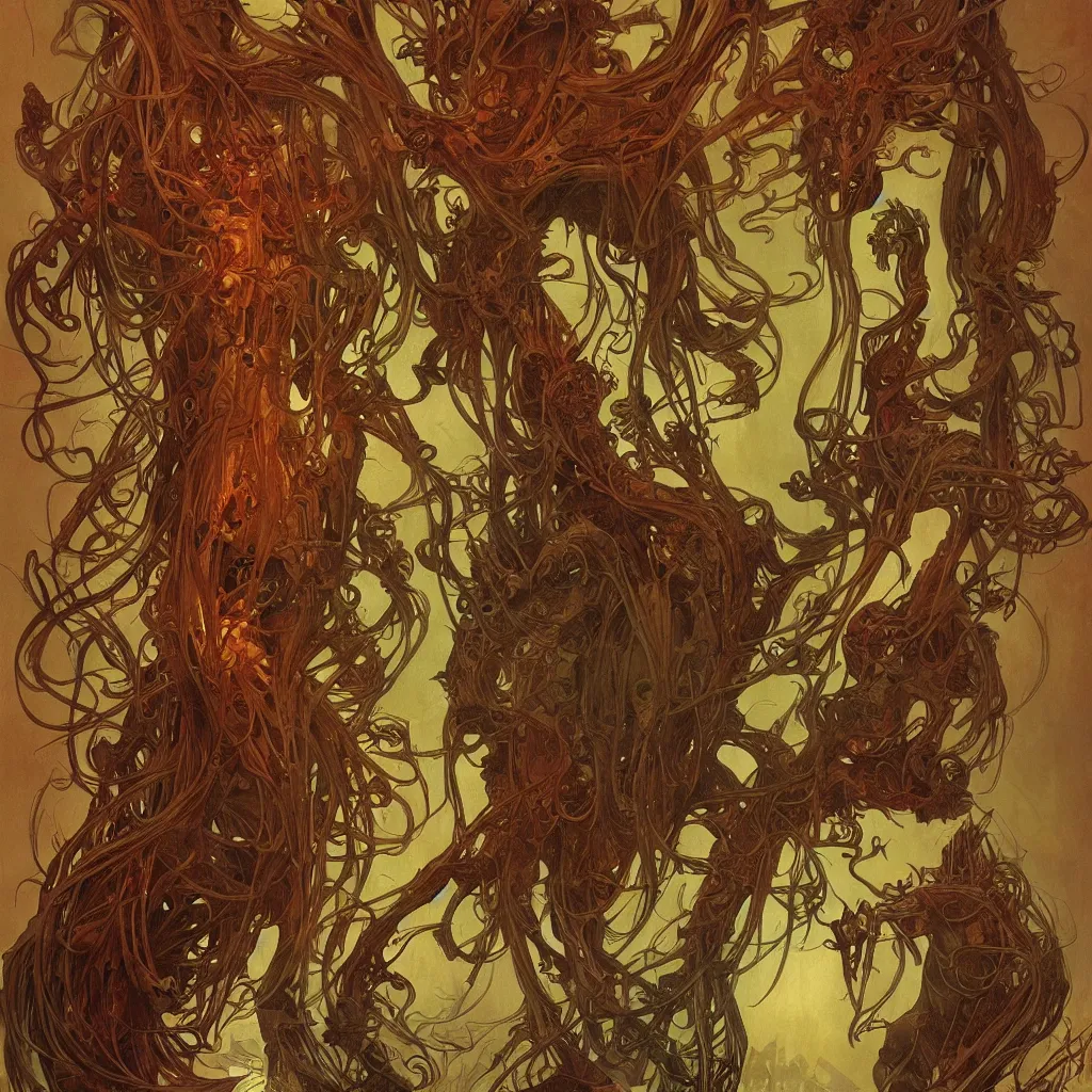 Prompt: veiny fungus demon monsters by chris mars and alphonse mucha, intense lighting, intricate, elegant, nightmare, highly detailed, digital painting, artstation, concept art, smooth, sharp focus, illustration