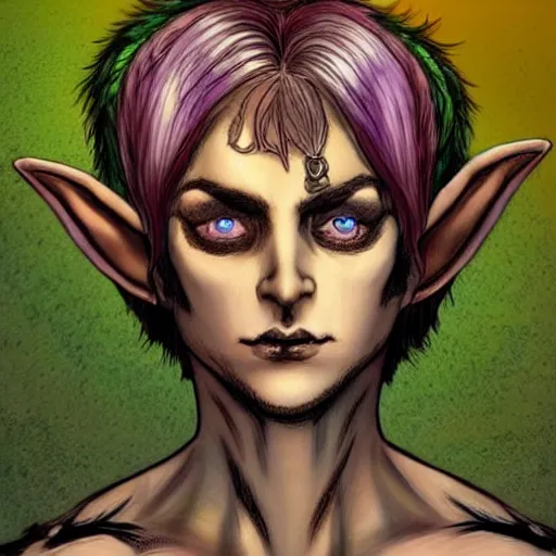 Prompt: a frightening, beautiful elf with violet skin, a scarred face, a bob haircut, and bushy eyebrows, smirking, in the style of gary frank