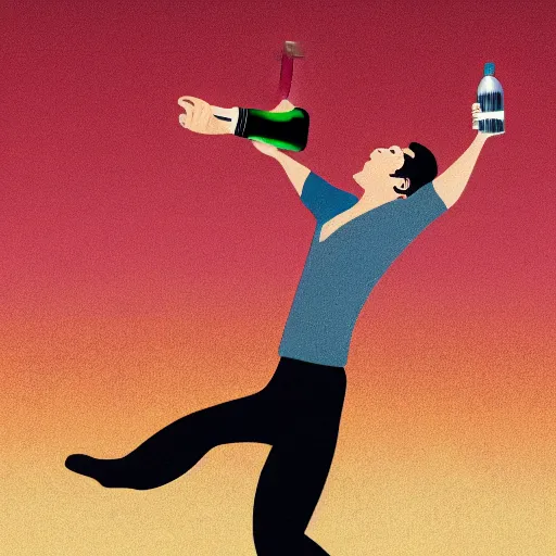 Image similar to artistic rendition of a man jumping in the while holding a bottle, very expressive