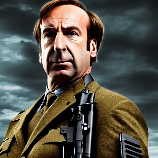 Prompt: Saul Goodman wearing heavy modern military gear and holding a machine gun, highly detailed, 4k