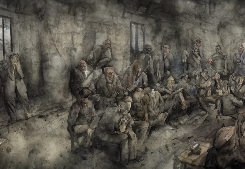 Prompt: jewish prisoners in auschwitz, dark fantasy, watercolor, dreaming illusion, highly detailed, 4 k, trending on artstation, award - winning