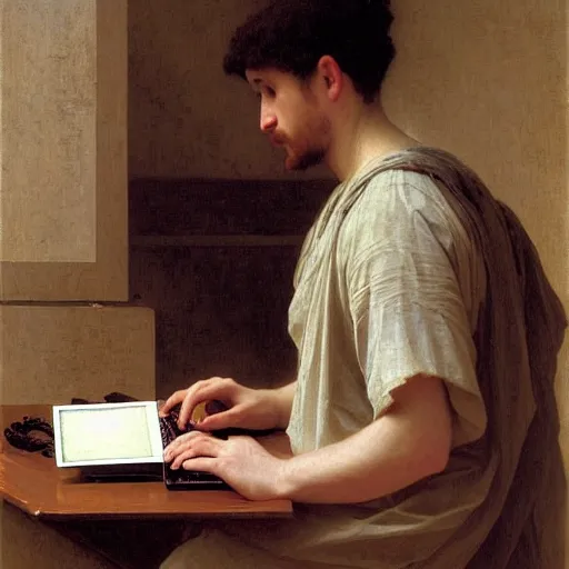 Image similar to an oil painting of an man playing a laptop, by Bouguereau, highly detailed and intricate,