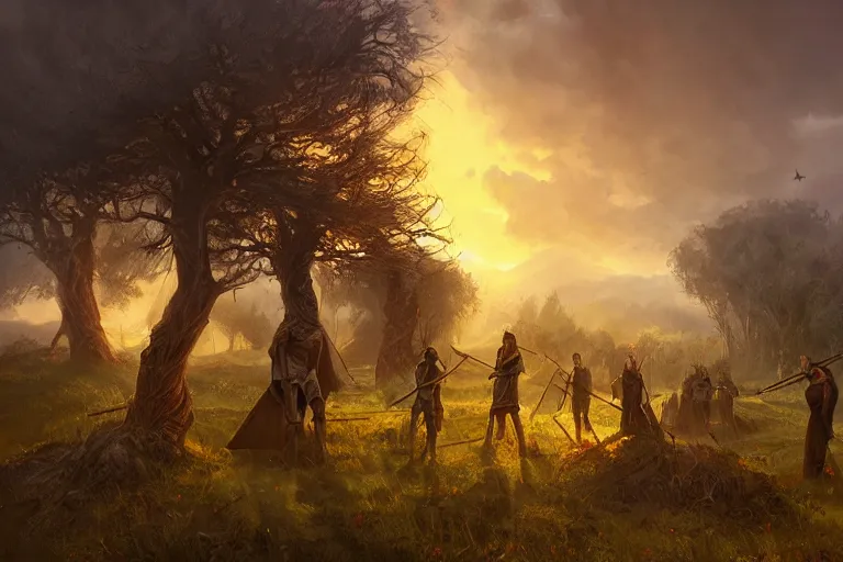 Prompt: medieval farmers uproot sacred groves to plant their crops. sunset lighting ominous shadows, cinematic fantasy painting, dungeons and dragons, jessica rossier and brian froud