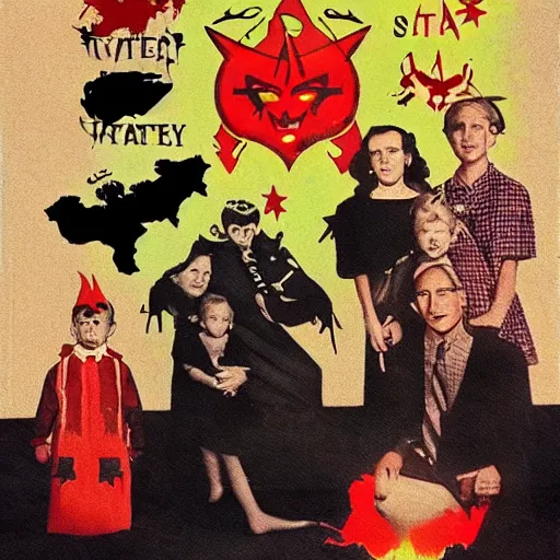 Image similar to Satanic States of America, alternate history, 1950s family, goth family, suburbia, Americana