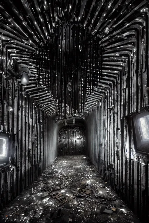 Image similar to desaturated HEAVENLY interior made of salvaged industrial materials in abandoned basement, CARDBOARD TUNNELS painted glossy black, glittering bursts of LED light and lens flares, ASYMMETRICAL irregular brutalist blackmetal spiraling jagged WINGED sculptures made of glossy black liquid latex and industrial hardware, designed by nancy grossman and anish kapoor, 8k, photorealistic, shallow depth of field, highly textured and hyperdetailed, 8mm fisheye lens, dutch angle