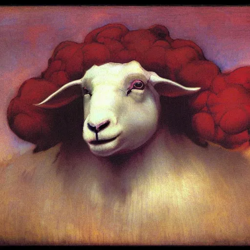 Prompt: A sheep with red whool an pointy vampire teeth by Annie Swynnerton and Nicholas Roerich and jean delville, strong dramatic cinematic lighting, smooth, sharp focus, extremely detailed
